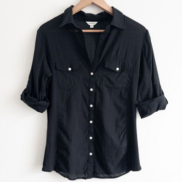 Sheer Black Button Up Ribbed Sides Stretch Corporate Goth Max Studio Women’s L - Picture 1 of 15